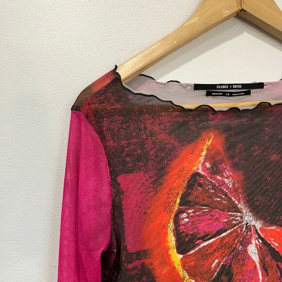 Silence + Noise Mesh Sheer Graphic Long Sleeve Y2K Top Size L - Picture 6 of 7